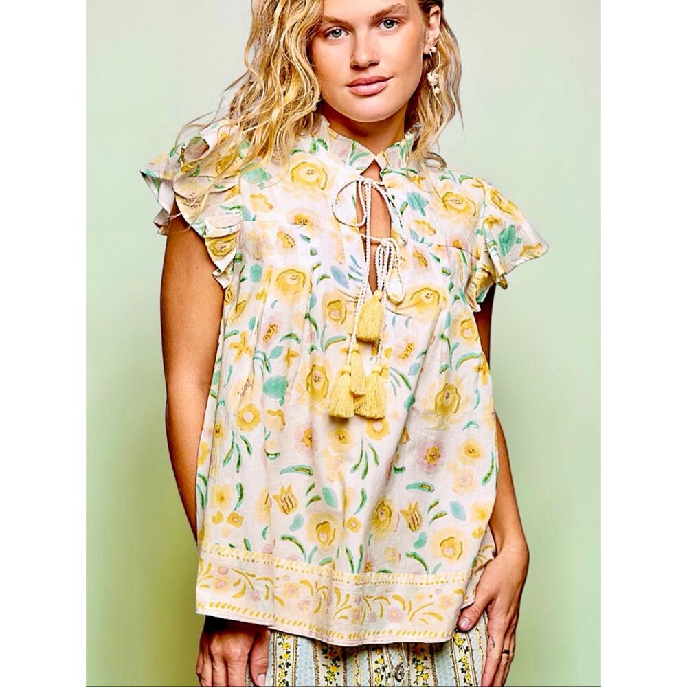 POL Lemon Floral Tassel Tie Flutter Sleeve Boho Blouse Yellow Flowy Top NEW